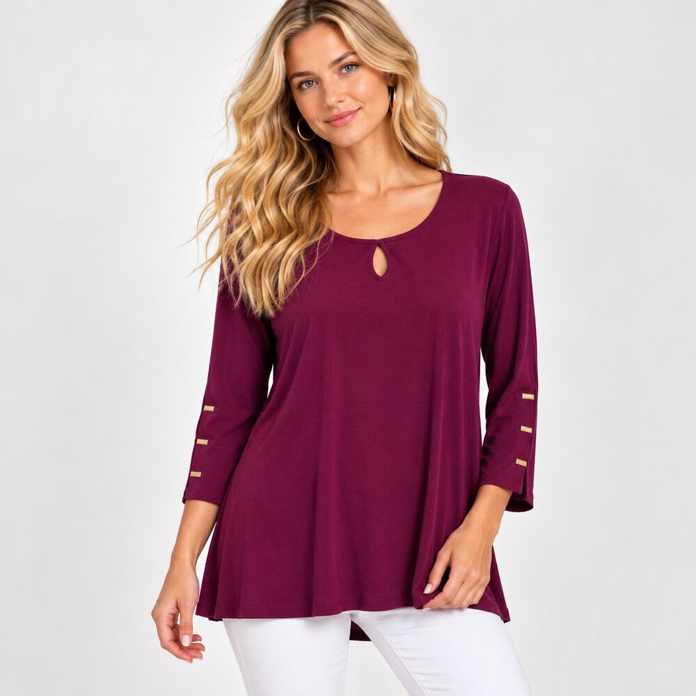 Susan Graver Liquid Knit Blouse Women's Size L Burgundy Keyhole Sleeve Detail